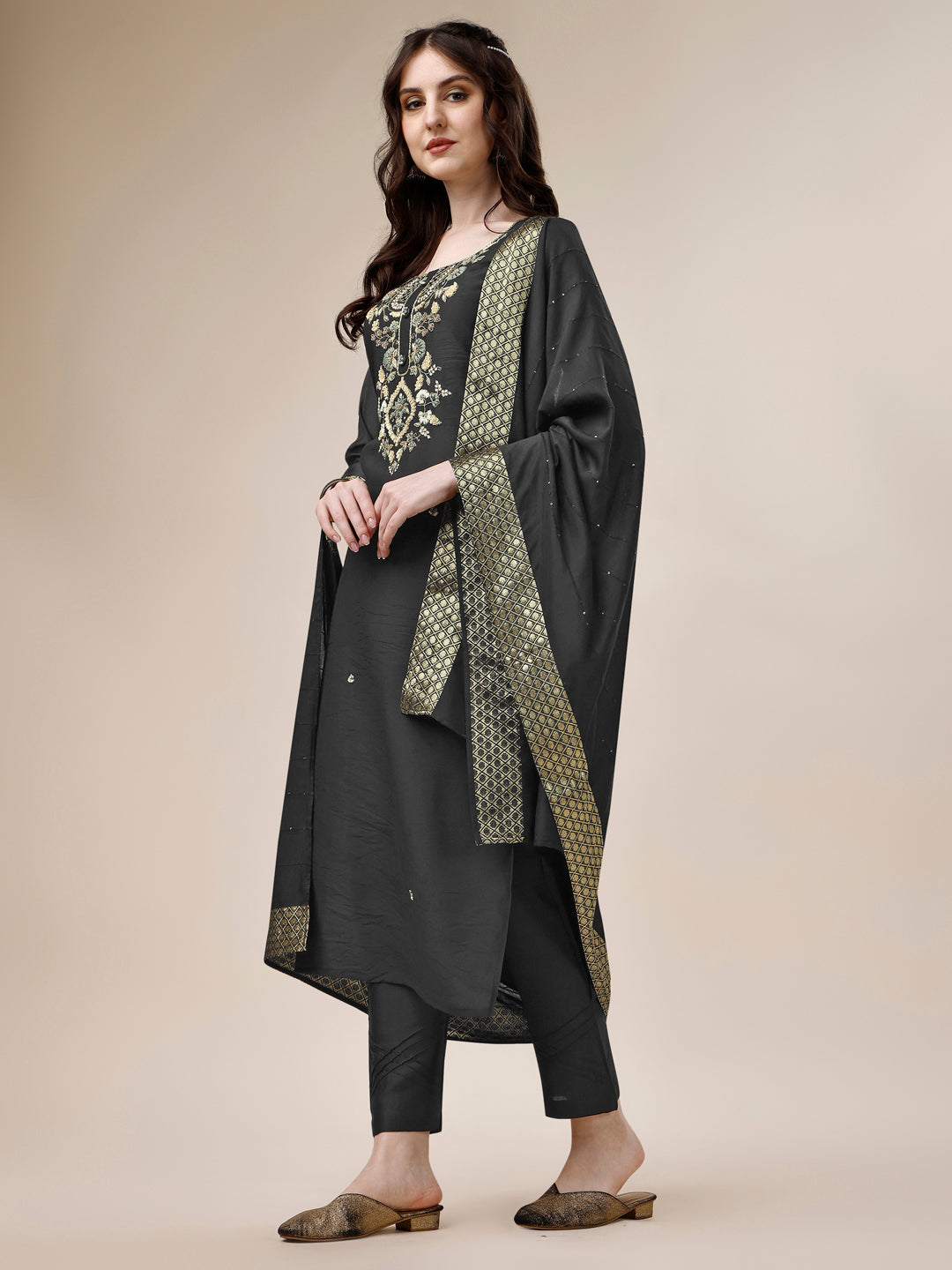 Embroidered Kurta With Pant And Dupatta Set, Multicolor - Hiral Fashion | Grocsy
