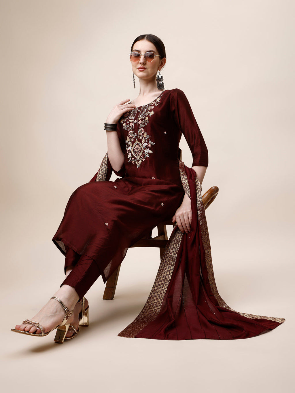 Embroidered Kurta With Pant And Dupatta Set, Multicolor - Hiral Fashion | Grocsy