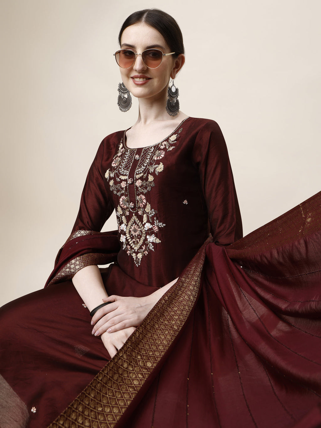 Embroidered Kurta With Pant And Dupatta Set, Multicolor - Hiral Fashion | Grocsy