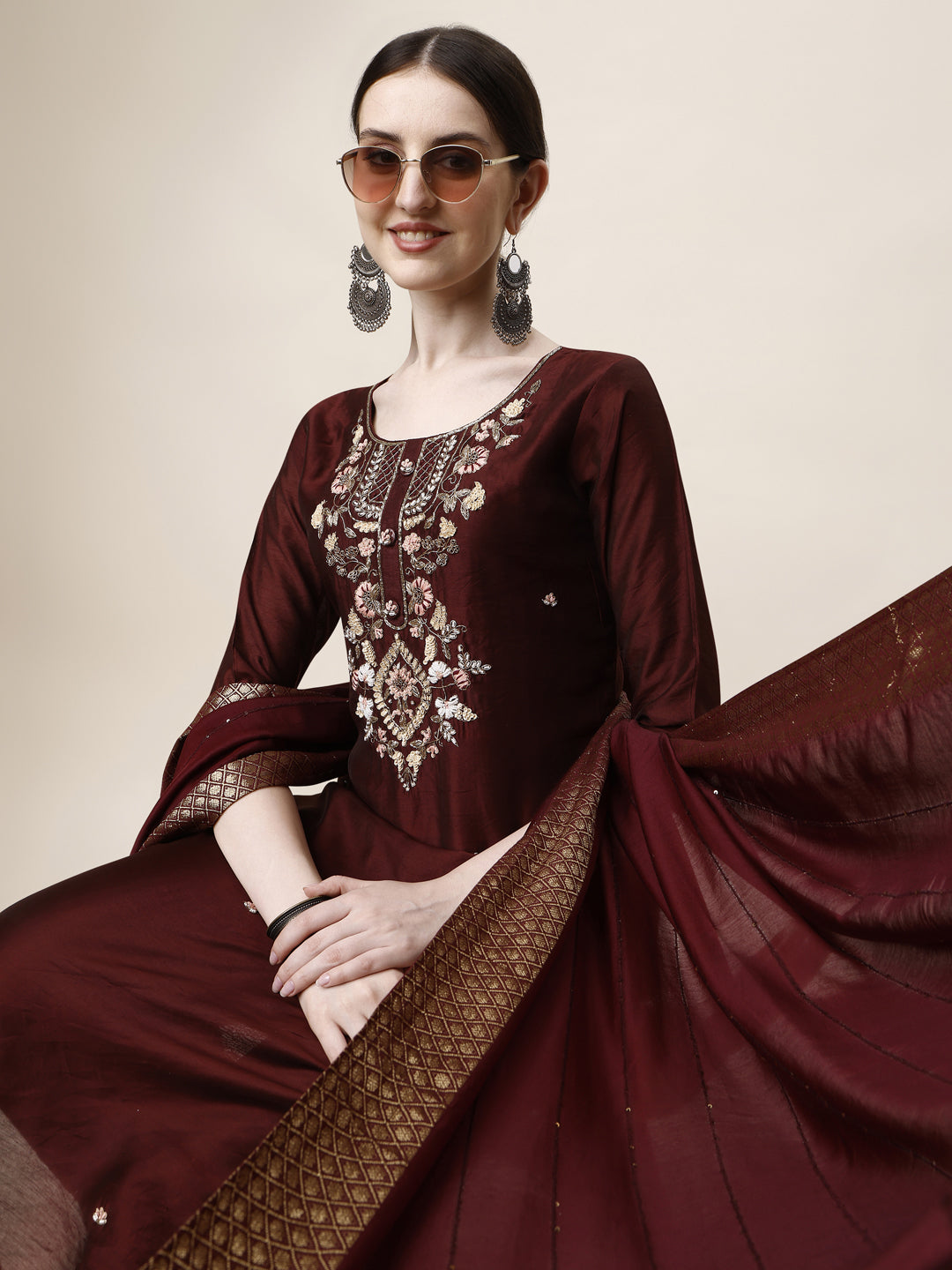 Embroidered Kurta With Pant And Dupatta Set, Multicolor - Hiral Fashion | Grocsy