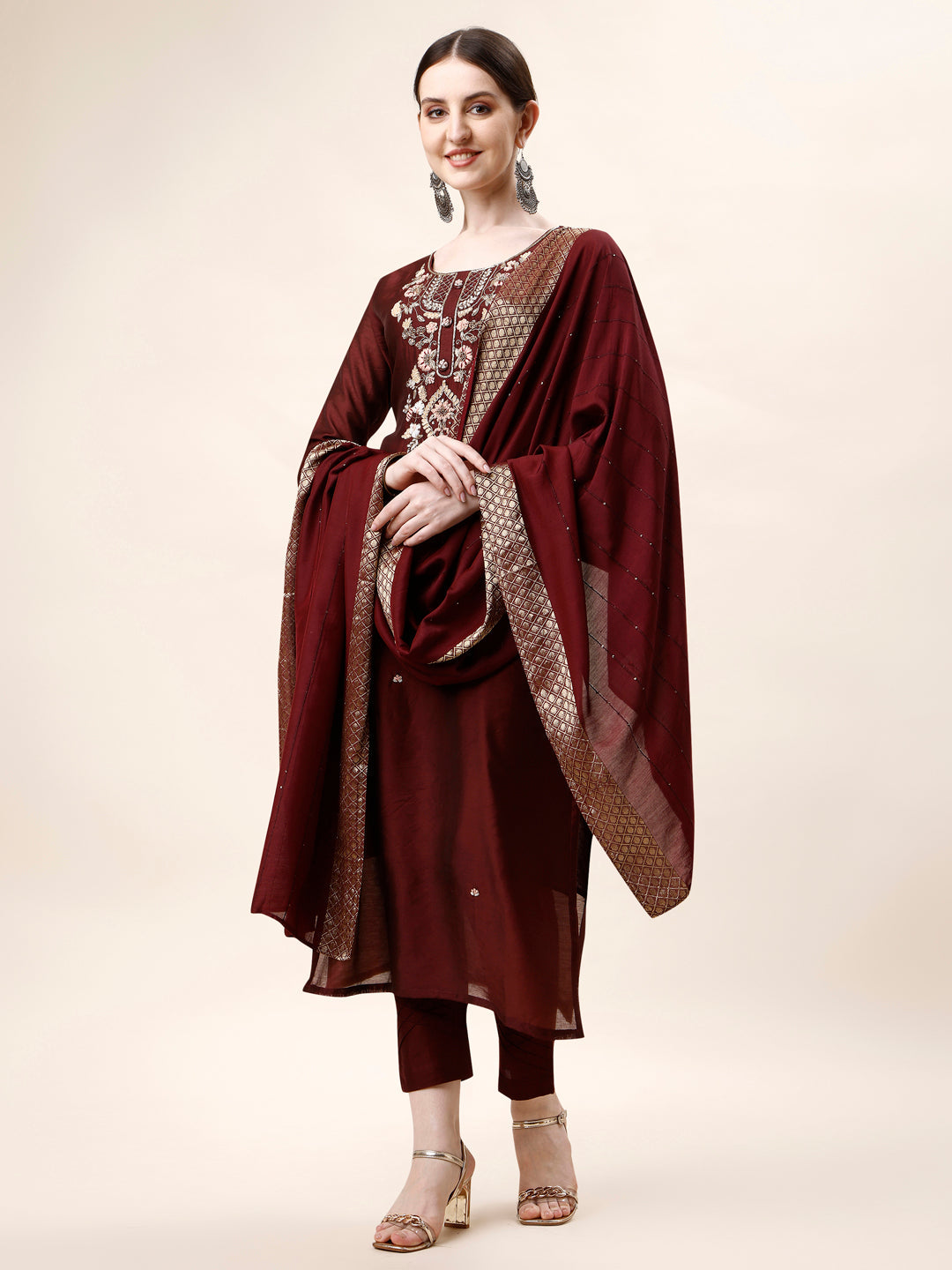 Embroidered Kurta With Pant And Dupatta Set, Multicolor - Hiral Fashion | Grocsy