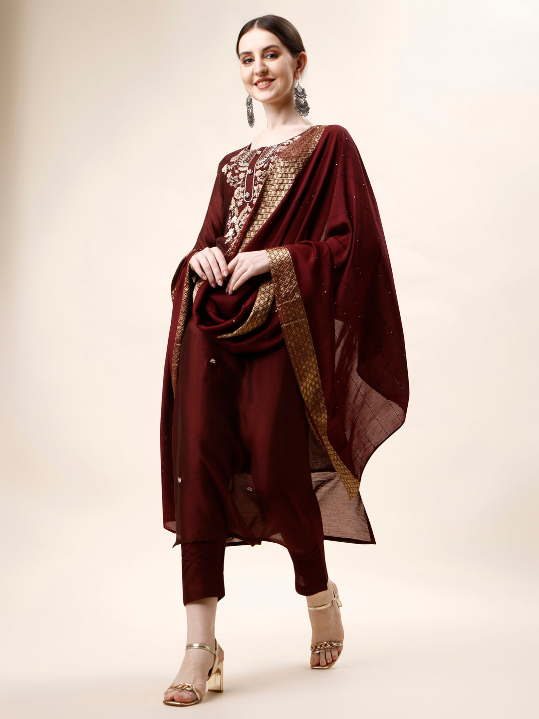 Embroidered Kurta With Pant And Dupatta Set, Multicolor - Hiral Fashion | Grocsy