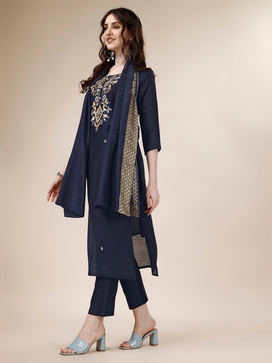 Embroidered Kurta With Pant And Dupatta Set, Multicolor - Hiral Fashion | Grocsy