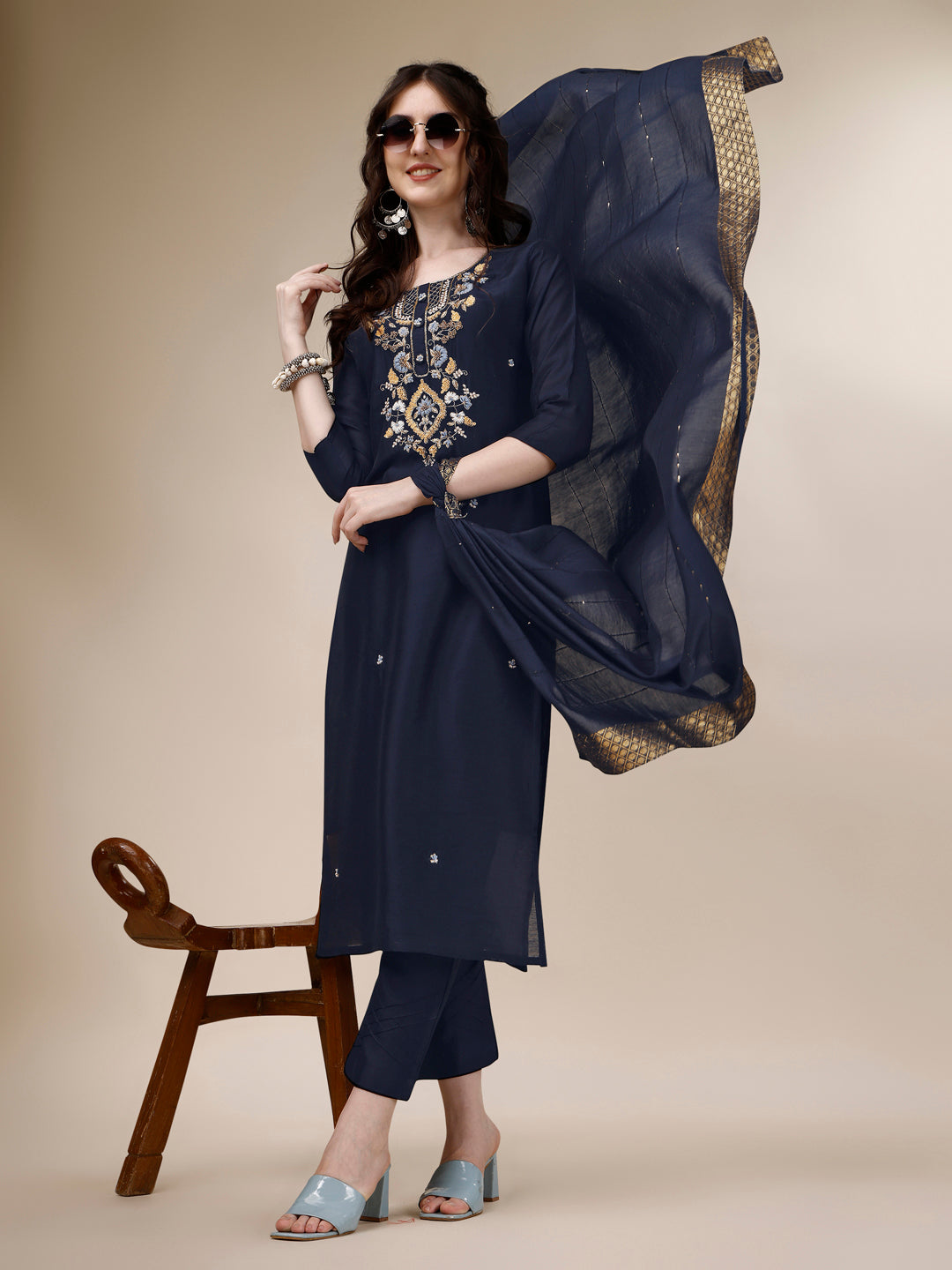Embroidered Kurta With Pant And Dupatta Set, Multicolor - Hiral Fashion | Grocsy