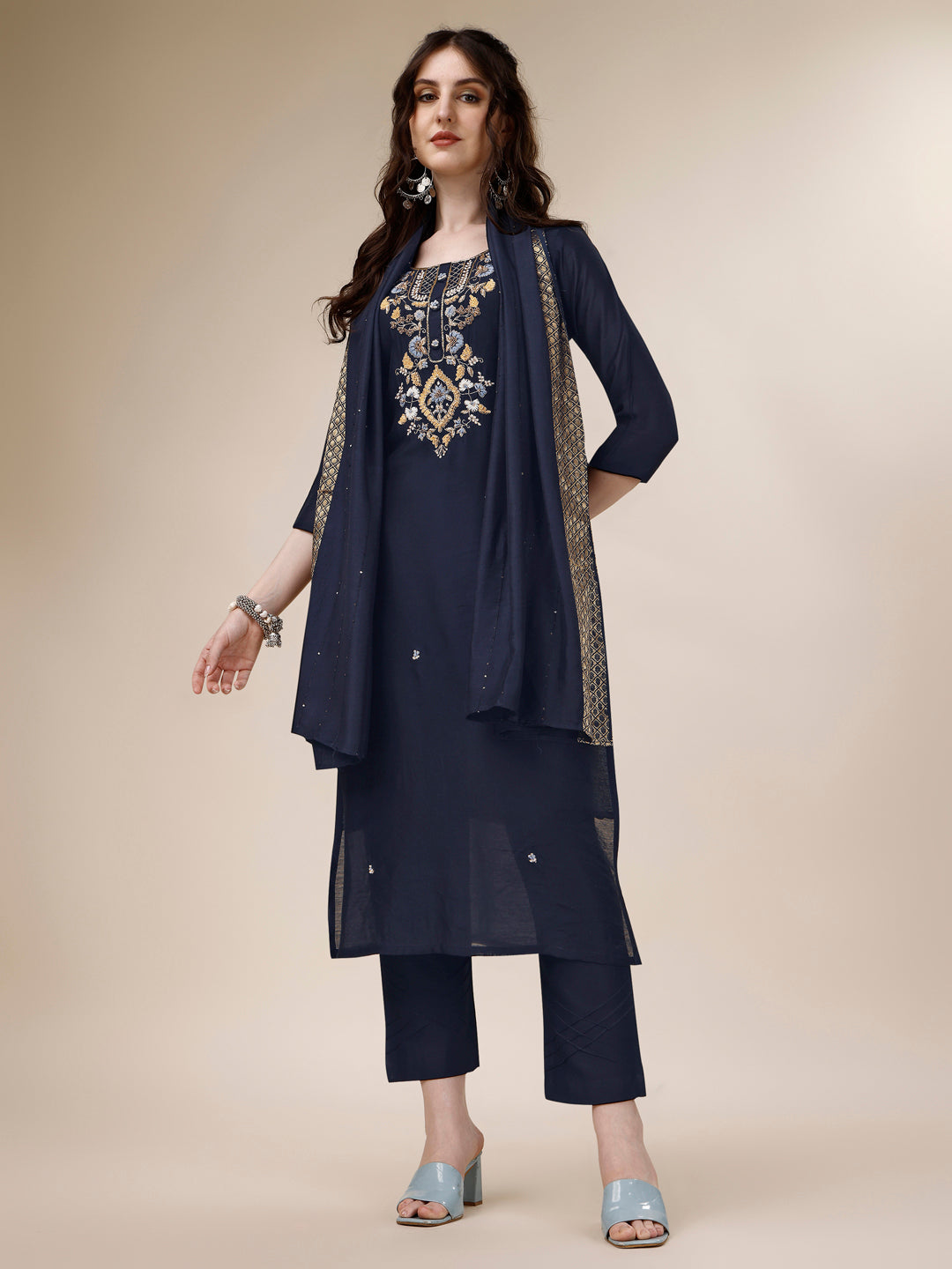 Embroidered Kurta With Pant And Dupatta Set, Multicolor - Hiral Fashion | Grocsy