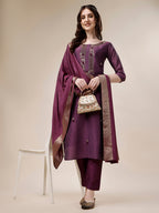 Embroidered Kurta With Pant And Dupatta Set, Multicolor - Hiral Fashion | Grocsy
