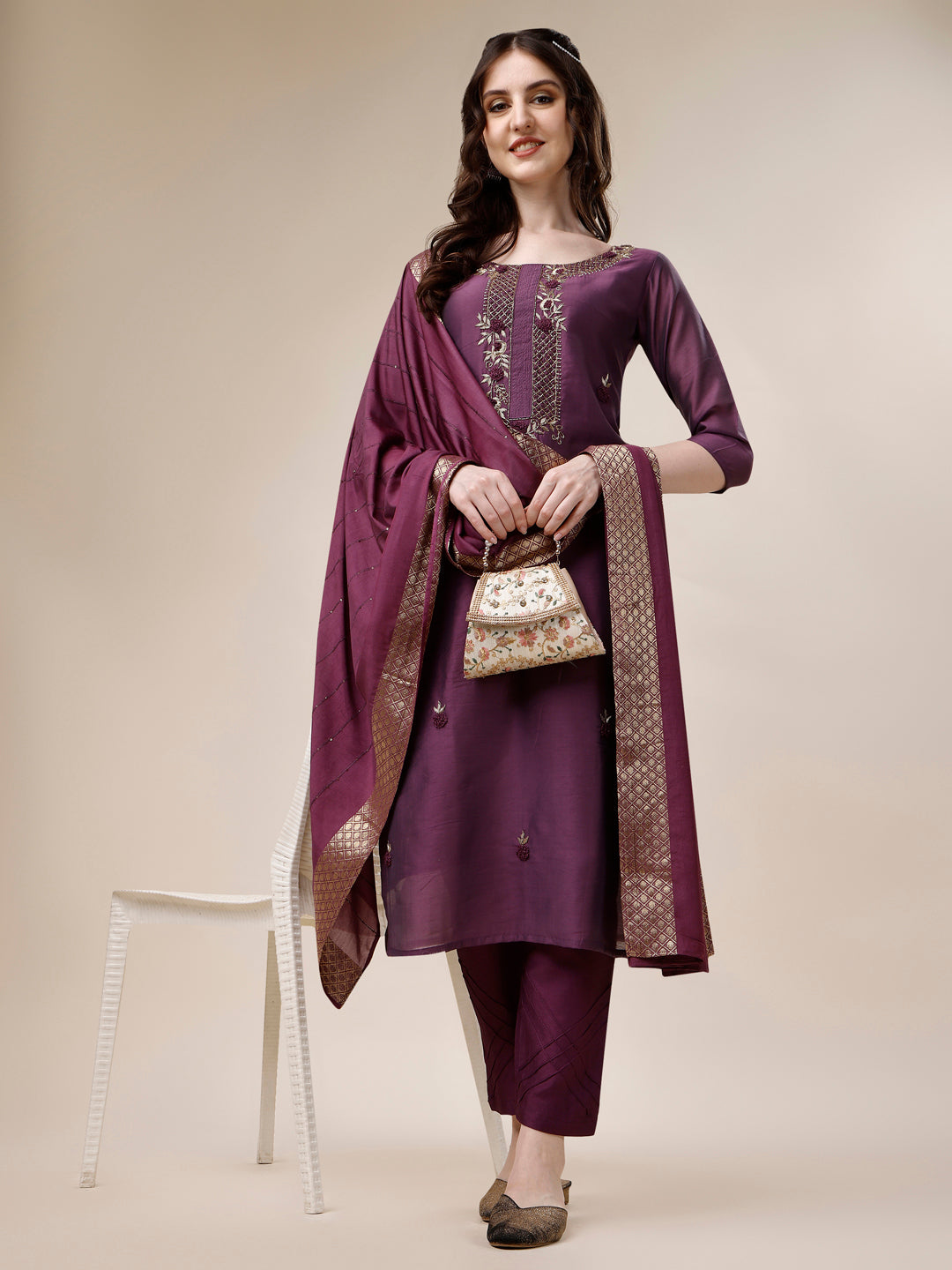 Embroidered Kurta With Pant And Dupatta Set, Multicolor - Hiral Fashion | Grocsy