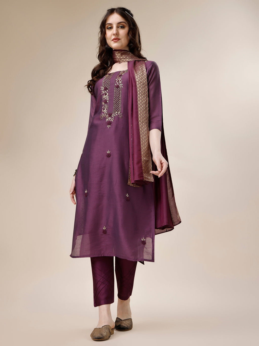 Embroidered Kurta With Pant And Dupatta Set, Multicolor - Hiral Fashion | Grocsy