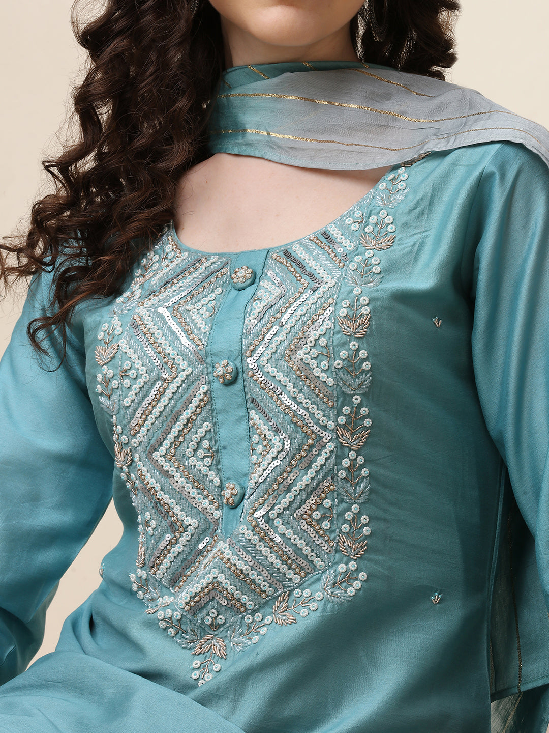Hand Embroidered Kurta With Pant And Dupatta Set, Multicolor - Hiral Fashion | Grocsy
