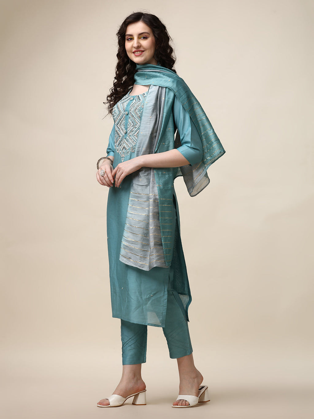 Hand Embroidered Kurta With Pant And Dupatta Set, Multicolor - Hiral Fashion | Grocsy