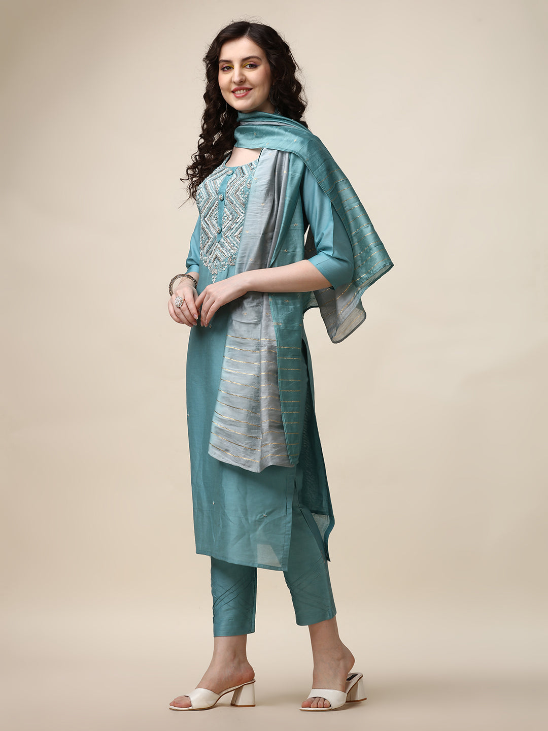 Hand Embroidered Kurta With Pant And Dupatta Set, Multicolor - Hiral Fashion | Grocsy