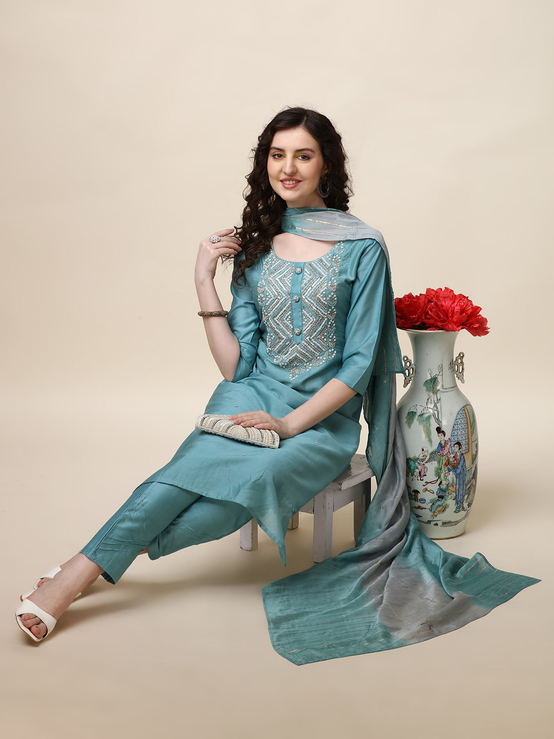 Hand Embroidered Kurta With Pant And Dupatta Set, Multicolor - Hiral Fashion | Grocsy