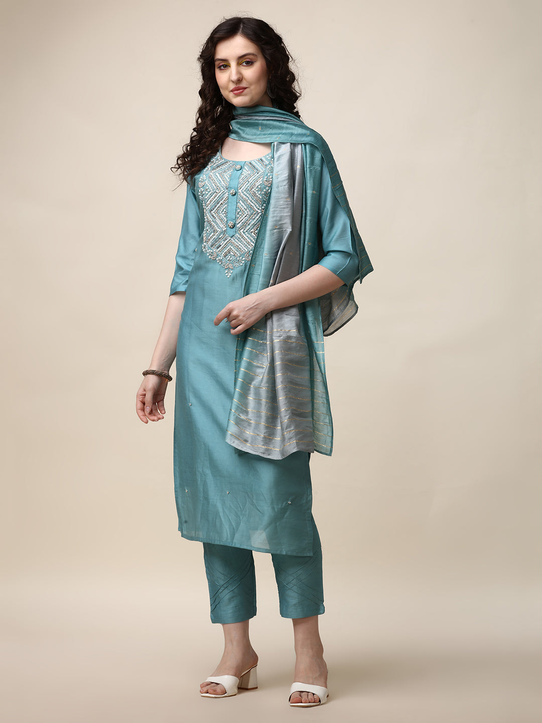 Hand Embroidered Kurta With Pant And Dupatta Set, Multicolor - Hiral Fashion | Grocsy