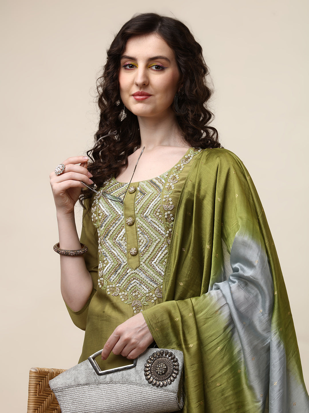 Hand Embroidered Kurta With Pant And Dupatta Set, Multicolor - Hiral Fashion | Grocsy