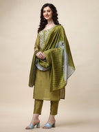 Hand Embroidered Kurta With Pant And Dupatta Set, Multicolor - Hiral Fashion | Grocsy