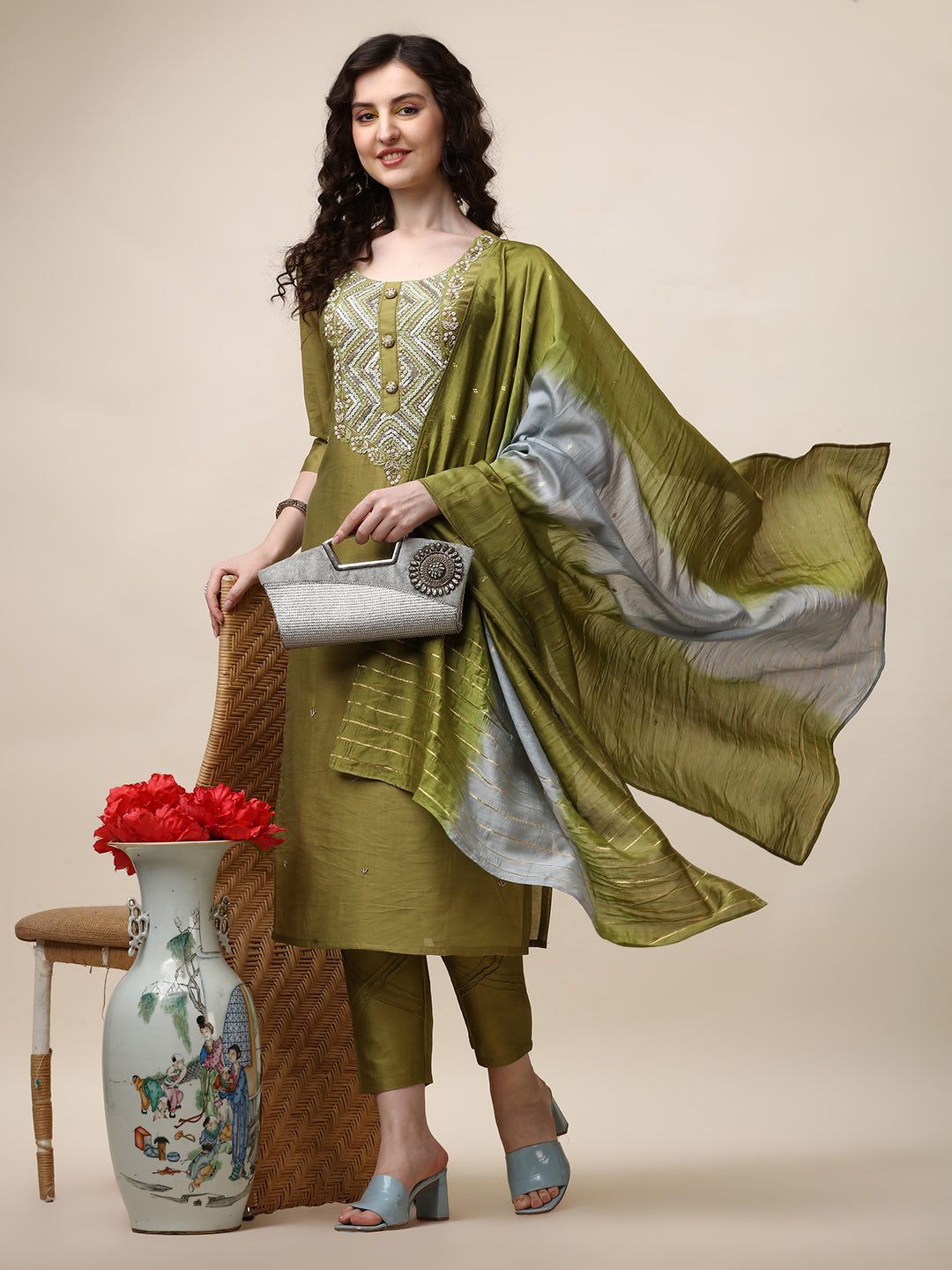Hand Embroidered Kurta With Pant And Dupatta Set, Multicolor - Hiral Fashion | Grocsy