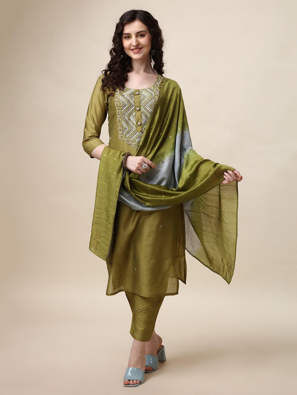 Hand Embroidered Kurta With Pant And Dupatta Set, Multicolor - Hiral Fashion | Grocsy