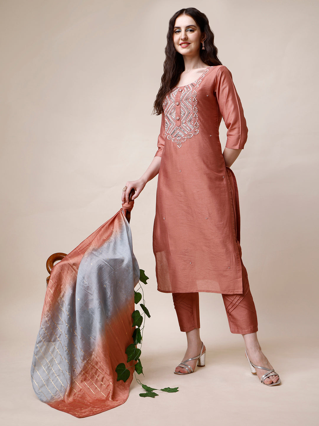 Hand Embroidered Kurta With Pant And Dupatta Set, Multicolor - Hiral Fashion | Grocsy