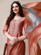 Hand Embroidered Kurta With Pant And Dupatta Set, Multicolor - Hiral Fashion | Grocsy