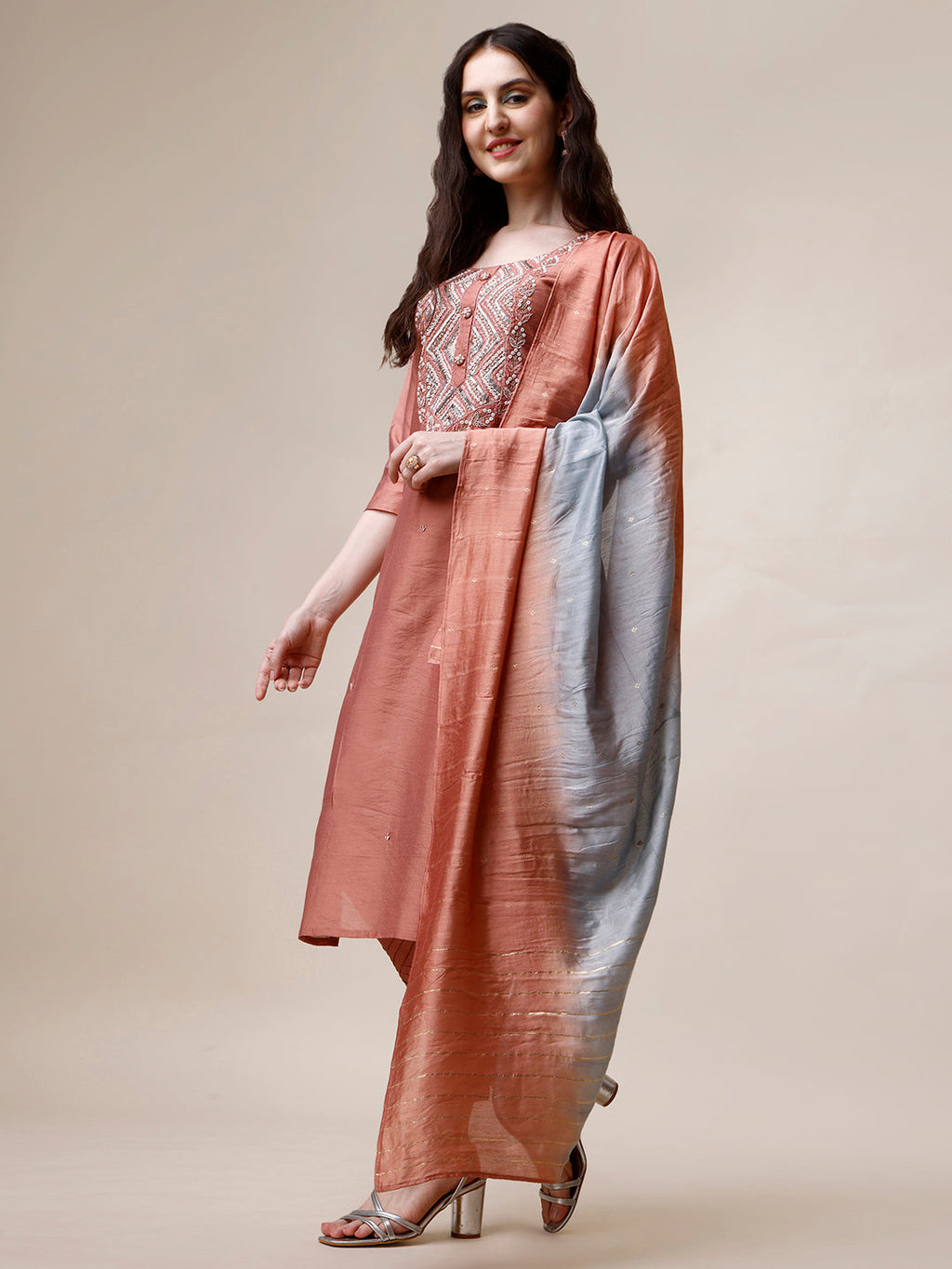 Hand Embroidered Kurta With Pant And Dupatta Set, Multicolor - Hiral Fashion | Grocsy