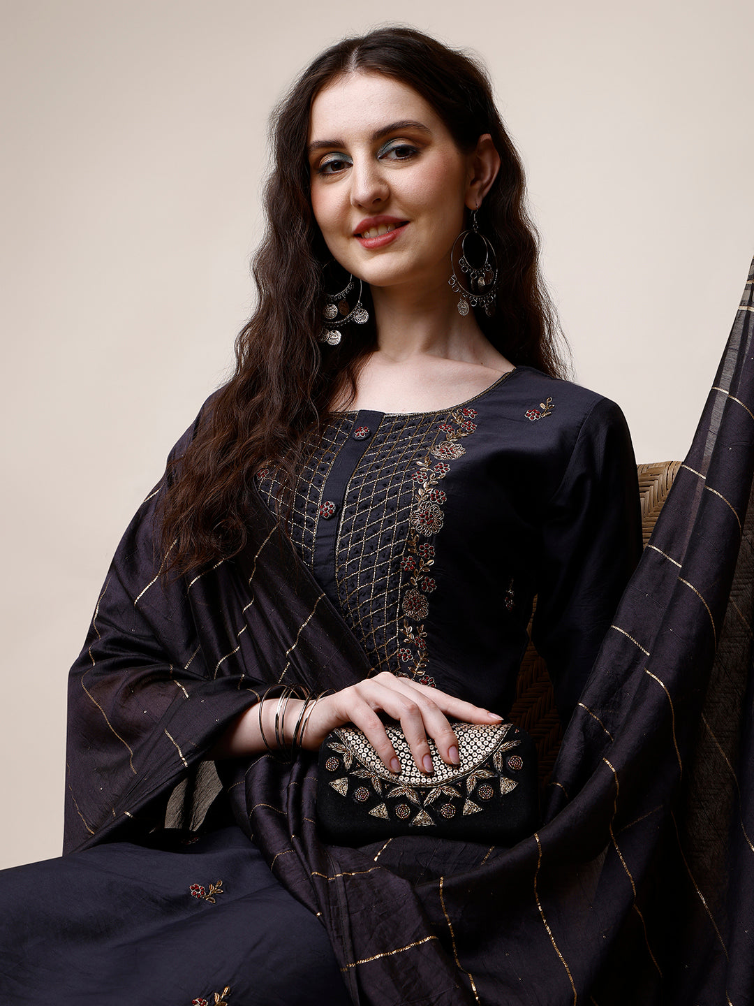Embroidered Kurta With Pant And Dupatta Set, Multicolor - Hiral Fashion | Grocsy