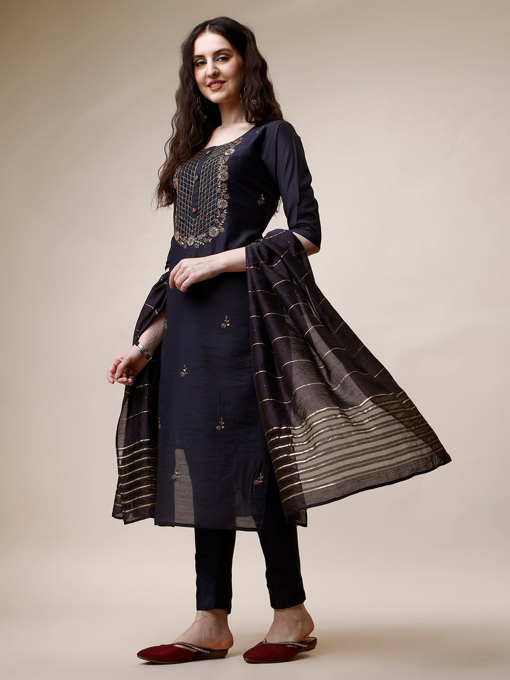 Embroidered Kurta With Pant And Dupatta Set, Multicolor - Hiral Fashion | Grocsy