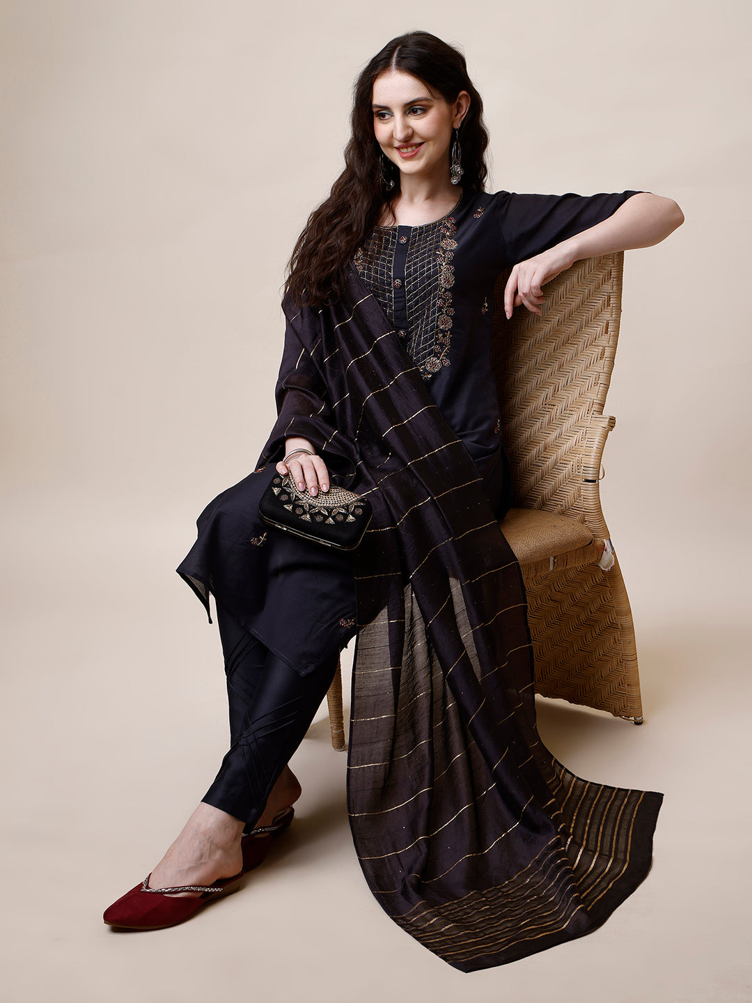 Embroidered Kurta With Pant And Dupatta Set, Multicolor - Hiral Fashion | Grocsy