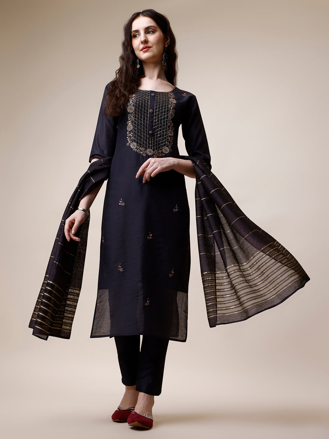 Embroidered Kurta With Pant And Dupatta Set, Multicolor - Hiral Fashion | Grocsy