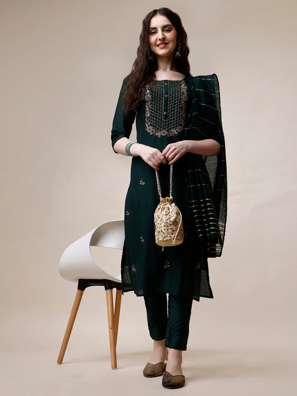 Embroidered Kurta With Pant And Dupatta Set, Multicolor - Hiral Fashion | Grocsy