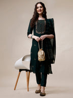 Embroidered Kurta With Pant And Dupatta Set, Multicolor - Hiral Fashion | Grocsy