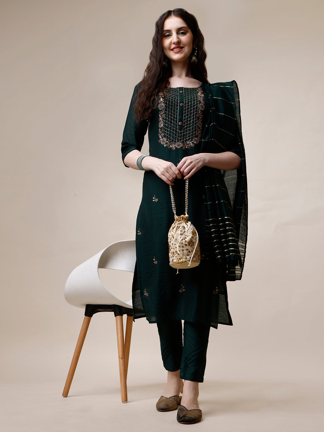 Embroidered Kurta With Pant And Dupatta Set, Multicolor - Hiral Fashion | Grocsy