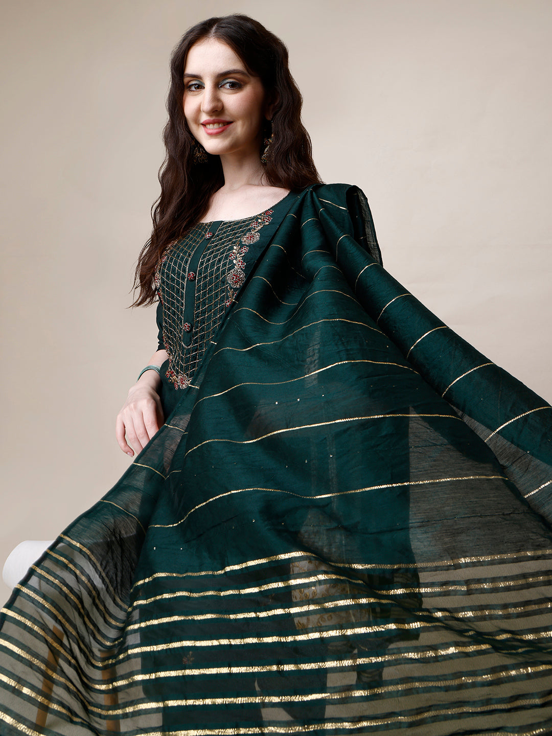 Embroidered Kurta With Pant And Dupatta Set, Multicolor - Hiral Fashion | Grocsy
