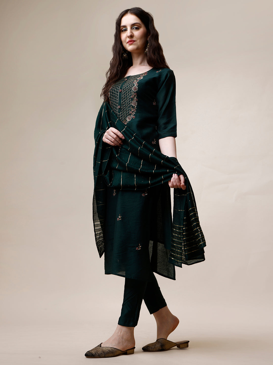 Embroidered Kurta With Pant And Dupatta Set, Multicolor - Hiral Fashion | Grocsy