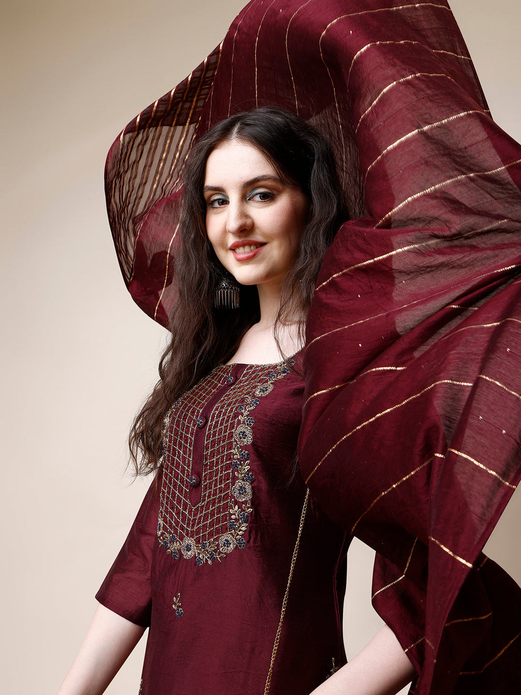 Embroidered Kurta With Pant And Dupatta Set, Multicolor - Hiral Fashion | Grocsy