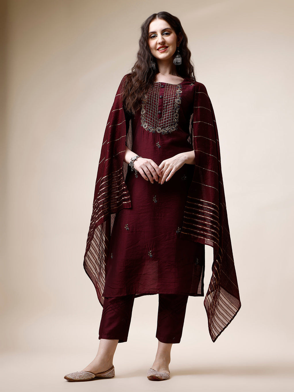 Embroidered Kurta With Pant And Dupatta Set, Multicolor - Hiral Fashion | Grocsy