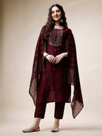 Embroidered Kurta With Pant And Dupatta Set, Multicolor - Hiral Fashion | Grocsy