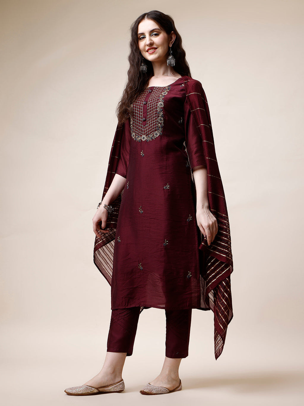 Embroidered Kurta With Pant And Dupatta Set, Multicolor - Hiral Fashion | Grocsy