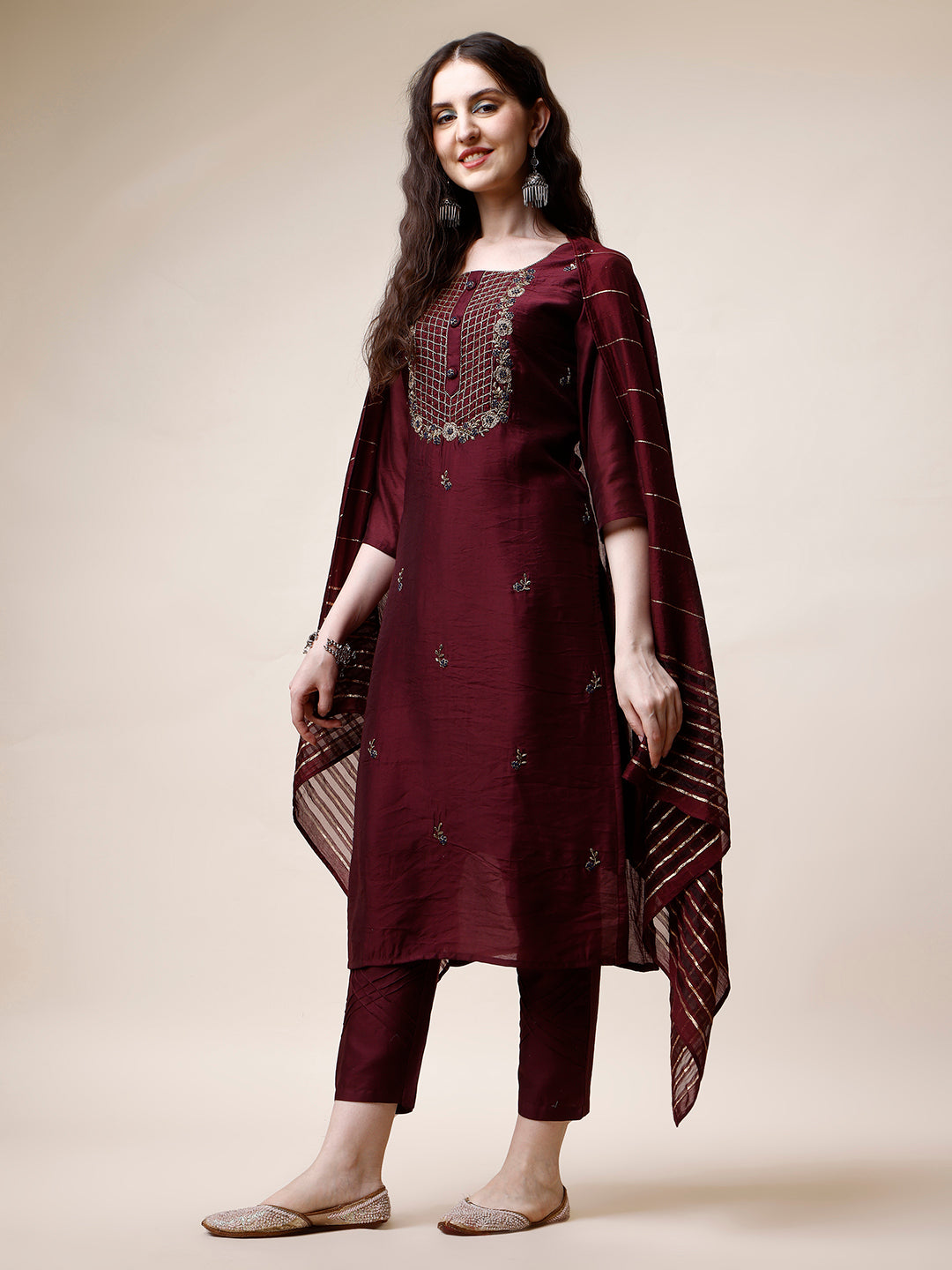 Embroidered Kurta With Pant And Dupatta Set, Multicolor - Hiral Fashion | Grocsy