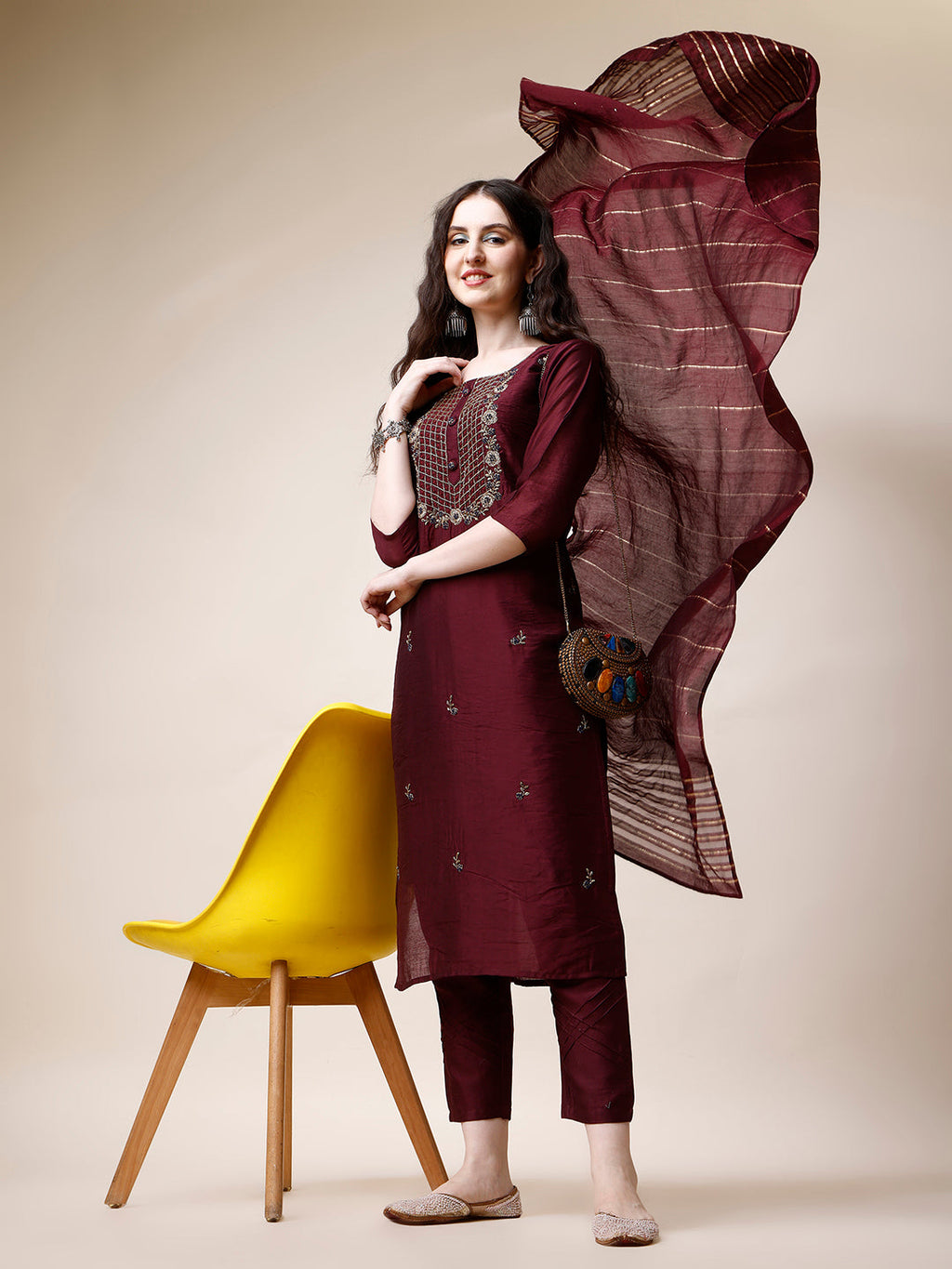 Embroidered Kurta With Pant And Dupatta Set, Multicolor - Hiral Fashion | Grocsy