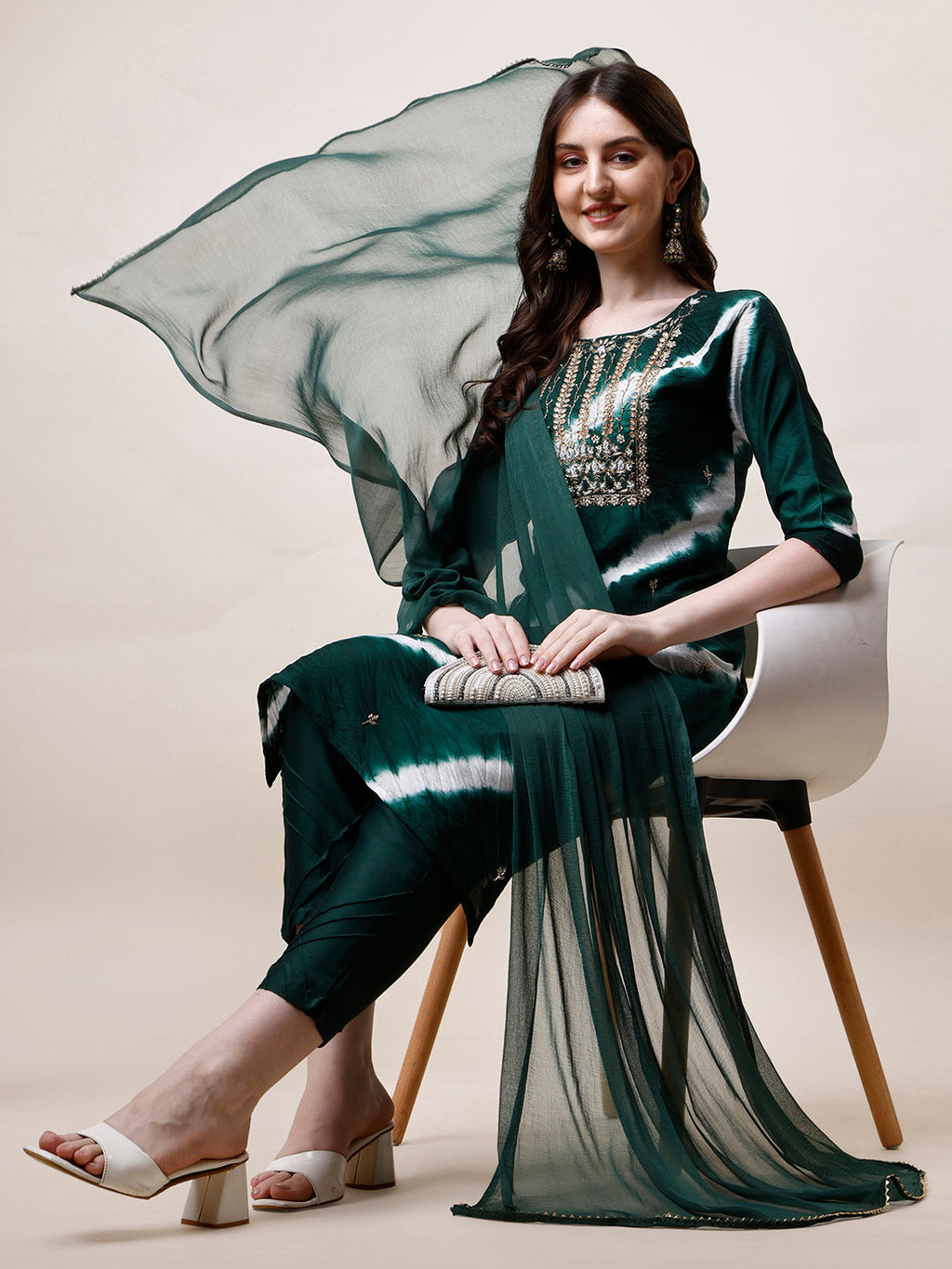 Embroidered And Leheriya Printed Kurta With Pant And Dupatta Set, Multicolor - Hiral Fashion | Grocsy