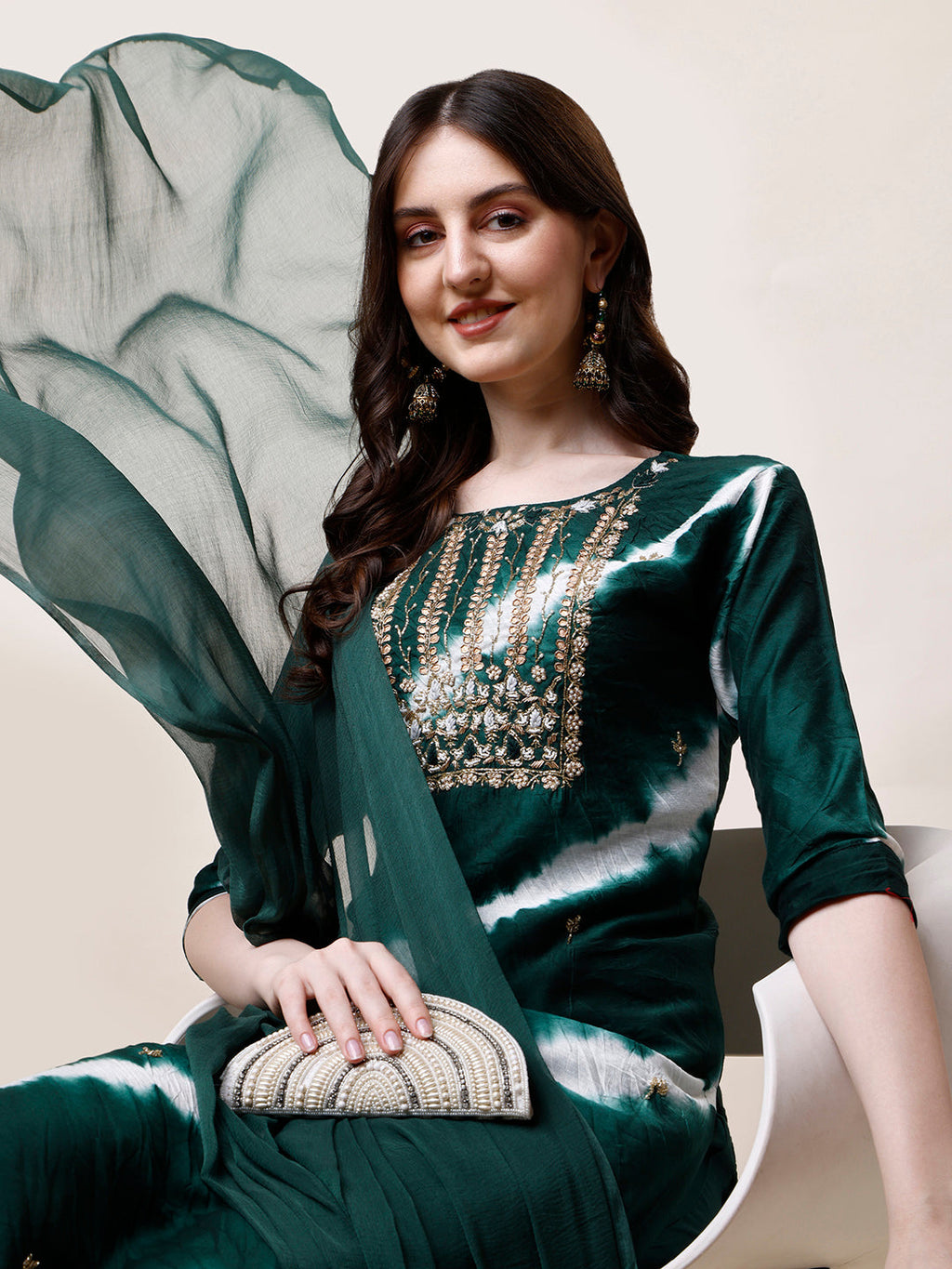 Embroidered And Leheriya Printed Kurta With Pant And Dupatta Set, Multicolor - Hiral Fashion | Grocsy