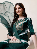 Embroidered And Leheriya Printed Kurta With Pant And Dupatta Set, Multicolor - Hiral Fashion | Grocsy