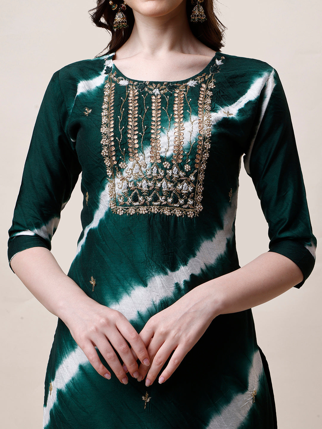 Embroidered And Leheriya Printed Kurta With Pant And Dupatta Set, Multicolor - Hiral Fashion | Grocsy