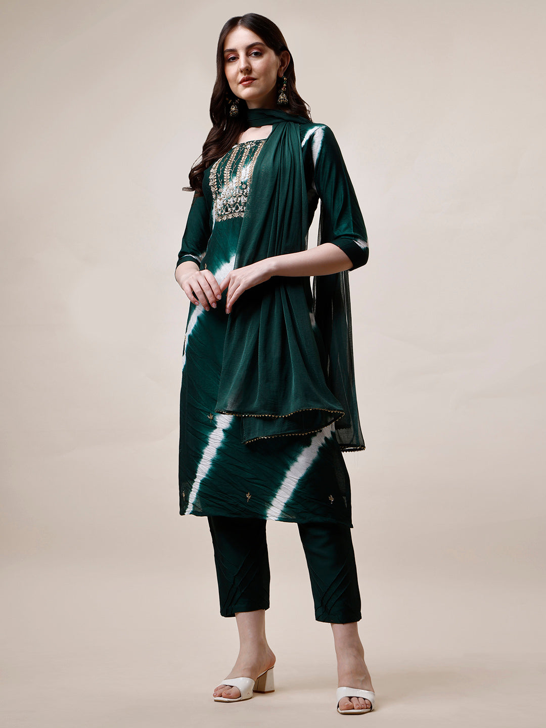 Embroidered And Leheriya Printed Kurta With Pant And Dupatta Set, Multicolor - Hiral Fashion | Grocsy