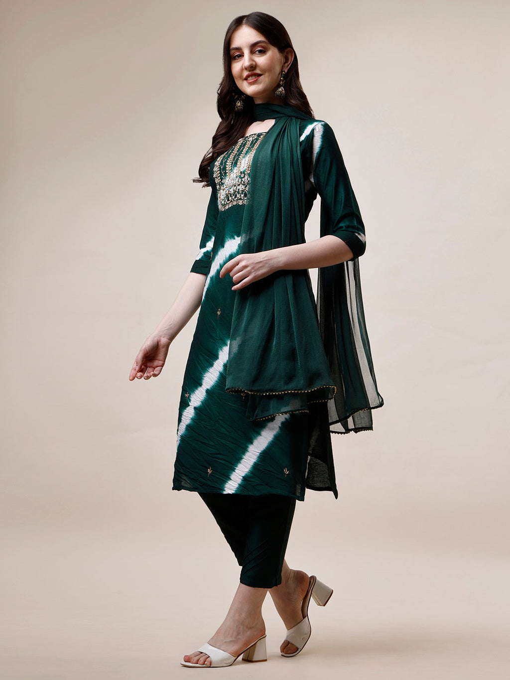 Embroidered And Leheriya Printed Kurta With Pant And Dupatta Set, Multicolor - Hiral Fashion | Grocsy