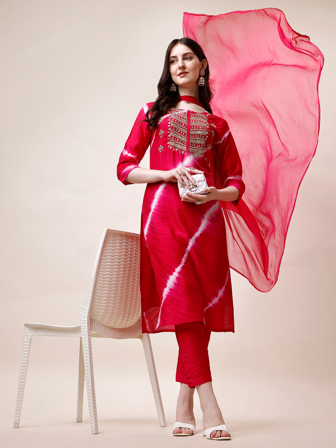 Embroidered And Leheriya Printed Kurta With Pant And Dupatta Set, Multicolor - Hiral Fashion | Grocsy
