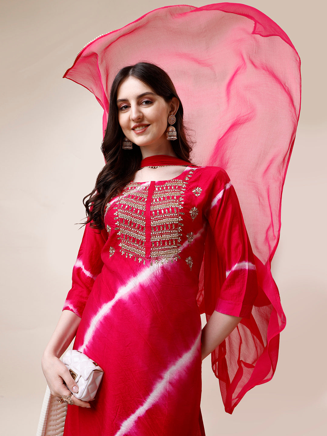 Embroidered And Leheriya Printed Kurta With Pant And Dupatta Set, Multicolor - Hiral Fashion | Grocsy
