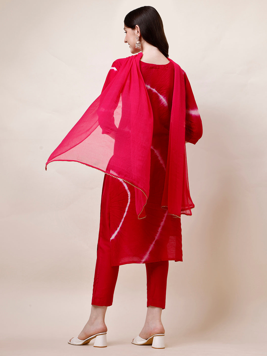 Embroidered And Leheriya Printed Kurta With Pant And Dupatta Set, Multicolor - Hiral Fashion | Grocsy