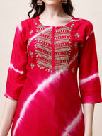 Embroidered And Leheriya Printed Kurta With Pant And Dupatta Set, Multicolor - Hiral Fashion | Grocsy
