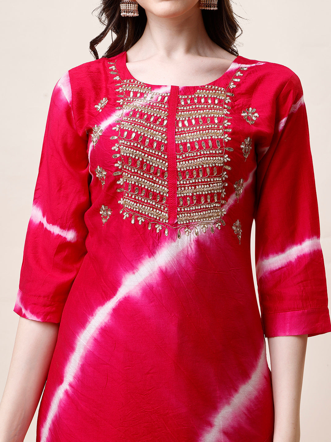 Embroidered And Leheriya Printed Kurta With Pant And Dupatta Set, Multicolor - Hiral Fashion | Grocsy
